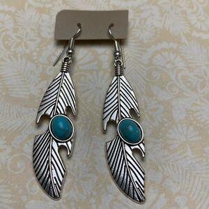 Silver Boho Feather with Opal Earrings NWOT